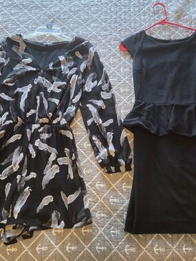 Express Black Feather Print Long Sleeve Romper & Black Peplum Dress Duo